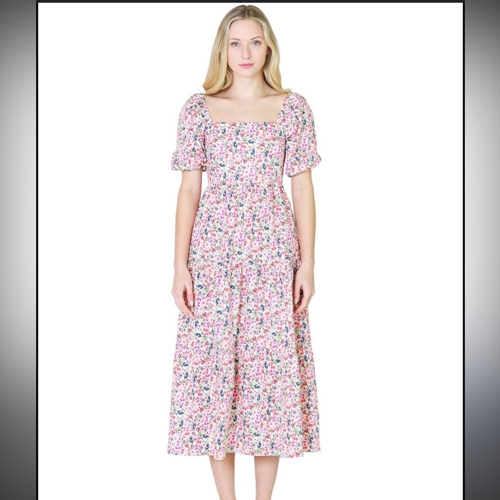 Adelyn Rae Priscilla Poplion Tiered Floral Smocked Midi Dress Size XS